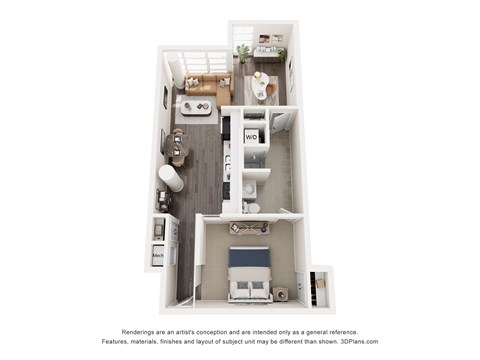A 3D floor plan of a small apartment with a kitchen, living room, and bathroom.